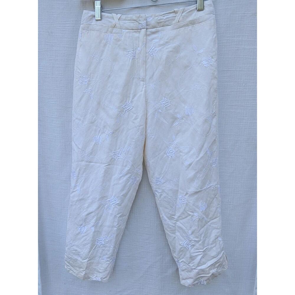 Briggs New York Womens Linen Blend Ivory‎ Straight Leg Cropped Pants Sz 8 Floral